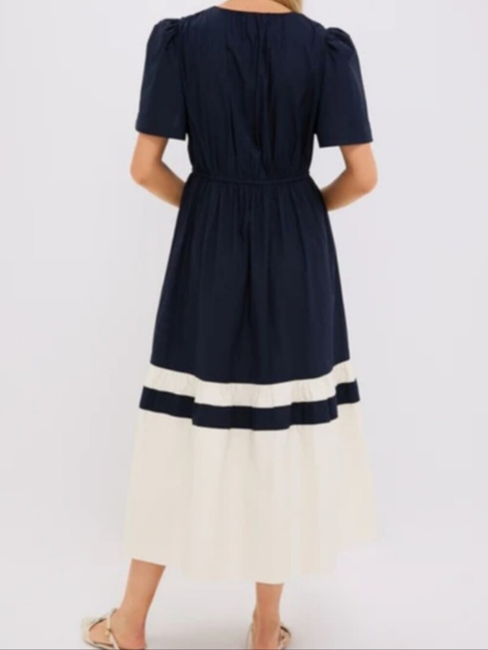 Tuckernuck Navy and Cream V-Neck Midi Dress with Puff Sleeves - Picture 2 of 12